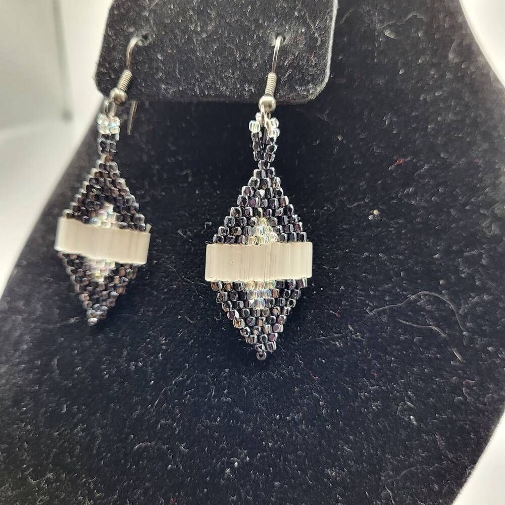 Native Made Hand Beaded Hematite and Seed Bead Earrings